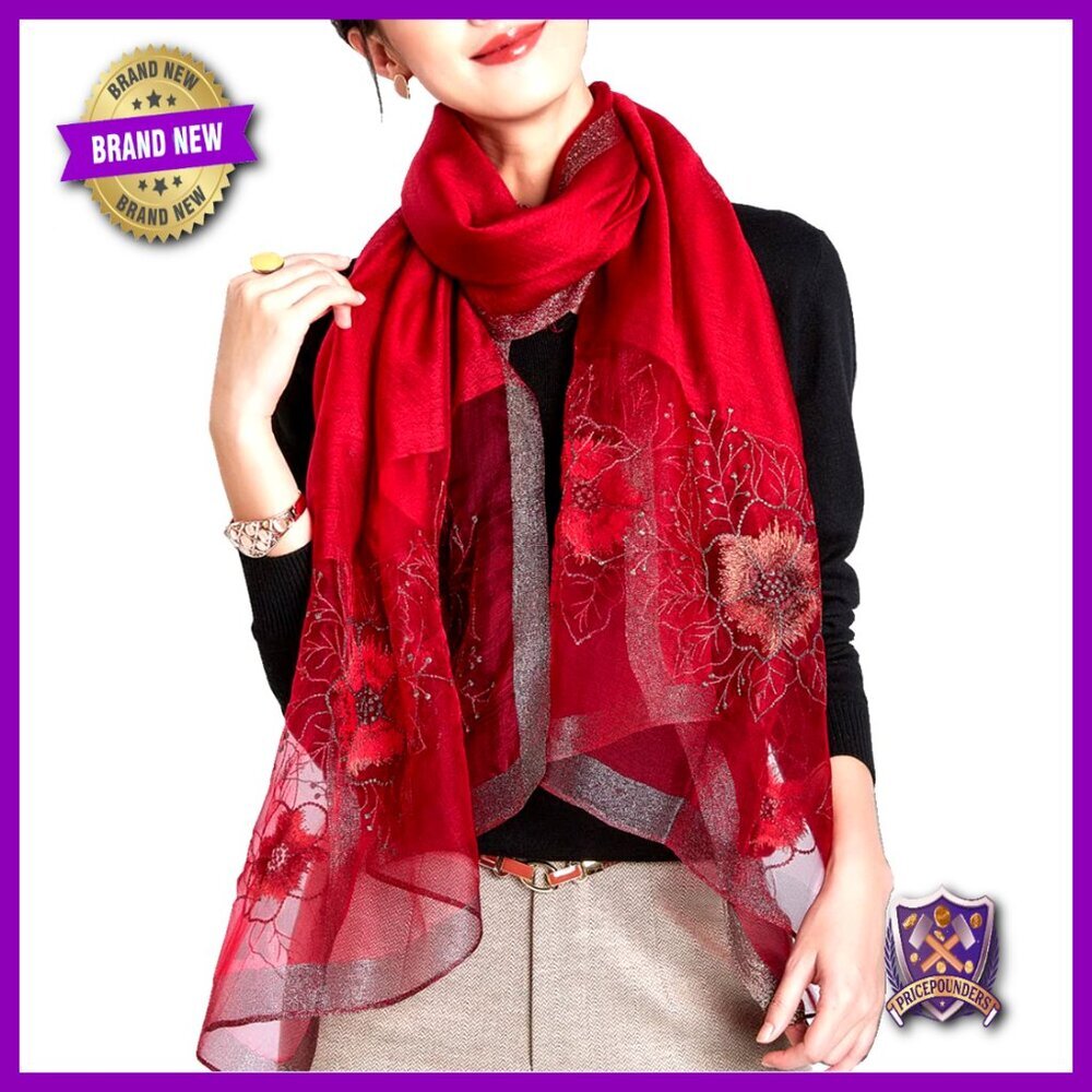 Extra Long Silk Blend Scarf Shawl Embroidered Floral Pattern Wrap